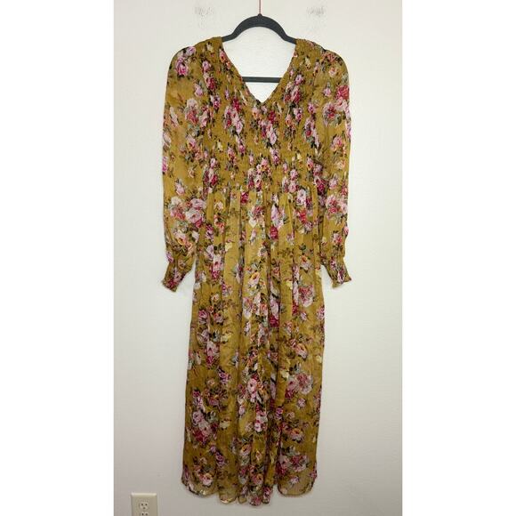 OPT Anthropologie Wick Dress Yellow Smocked Chiffon Floral Sheen Romantic, M - Picture 7 of 12
